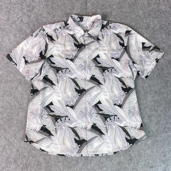 Tommy Bahama Shirt Mens XL Gray Black Leaf Print IslandZone Bahama Coast Casual - Picture 1 of 12
